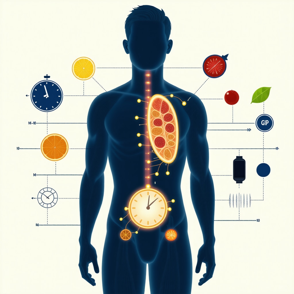 Diagram showing tirzepatide hormonal targets, circadian timing, macronutrients, and wearable metabolic monitoring devices