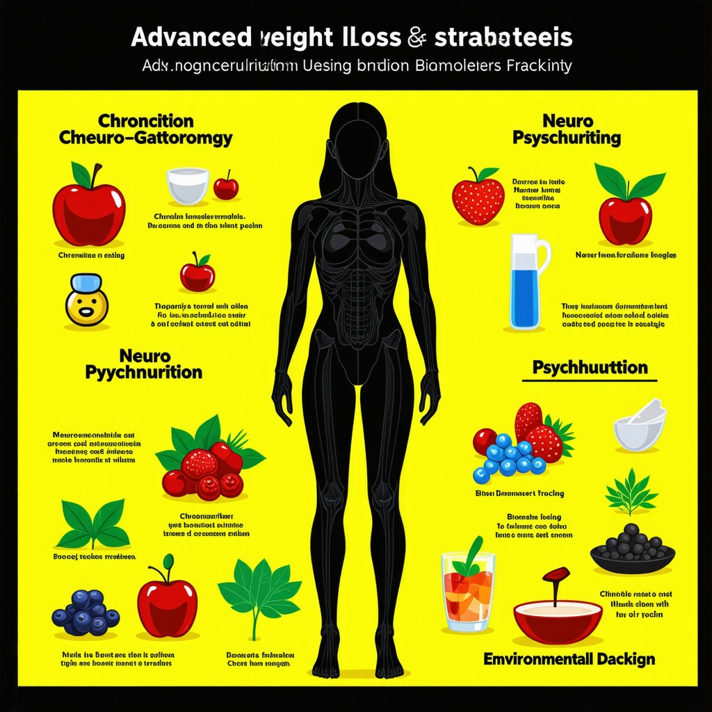 Infographic showcasing chrononutrition, neuro-gastronomy, psychonutrition, biomarker tracking, and environmental design concepts for optimizing Wegovy weight loss