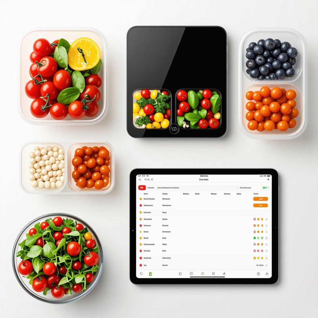 Meal prep containers, digital scale, and tablet showing nutrient tracking app for optimized fat loss nutrition