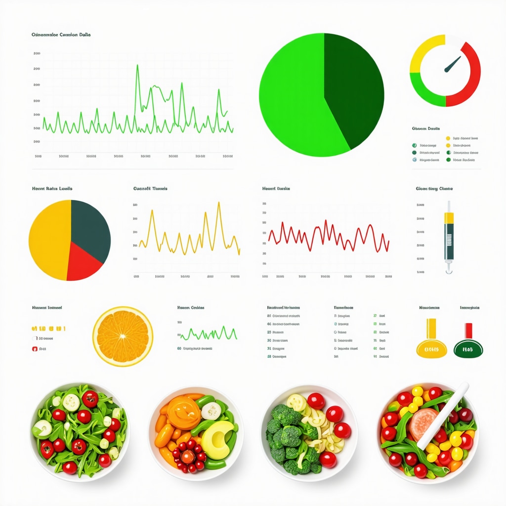Digital dashboard showing metabolic data, Ozempic injection, and healthy food visualizations