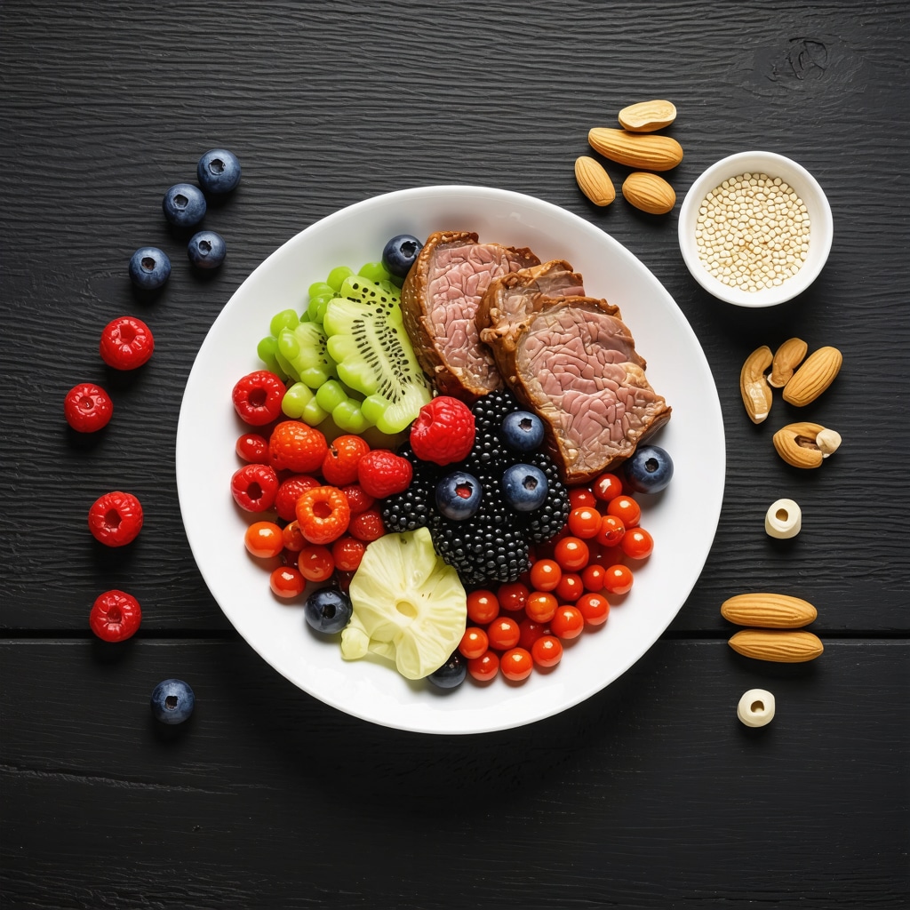 A balanced plate featuring lean protein, vegetables, nuts, and berries illustrating nutrition to complement Wegovy