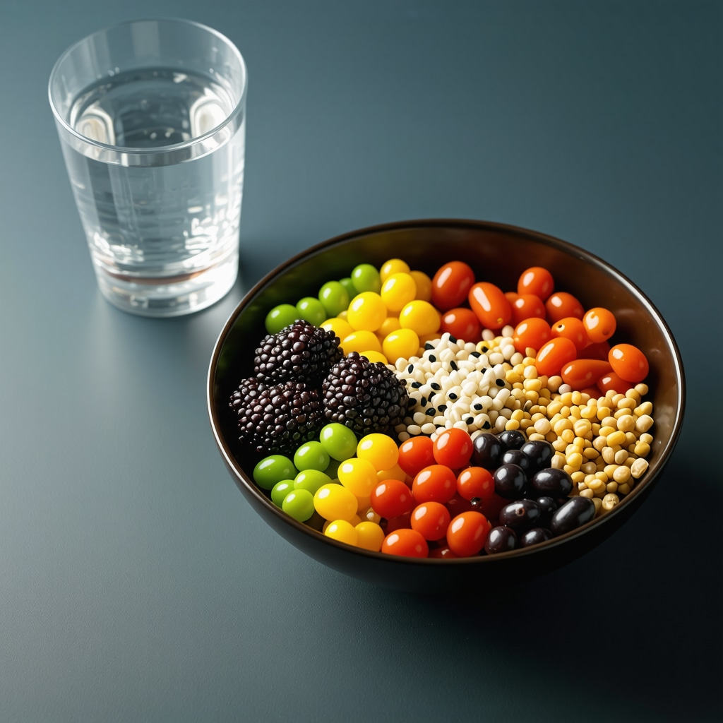 Healthy balanced meal with vegetables and protein alongside a glass of water