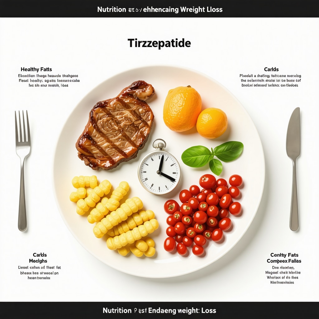 Infographic of a balanced plate with protein, fats, carbs and a clock illustrating meal timing to optimize tirzepatide effects