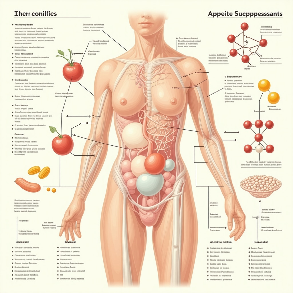 Infographic depicting appetite suppressant neurochemical pathways and nutritional synergy