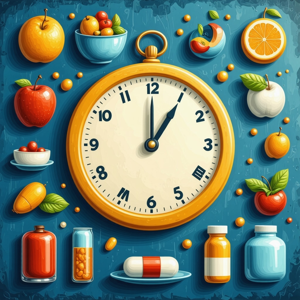 Diagram showing circadian rhythm clock, meal timings, medication schedule, and behavioral cues for weight loss