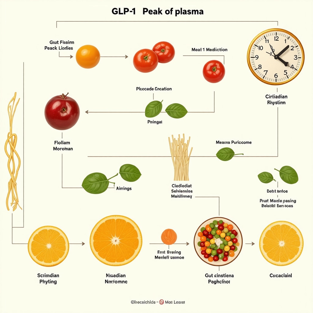 Infographic showing GLP-1 drug peak times aligned with meal timing and gut microbiome benefits for weight loss
