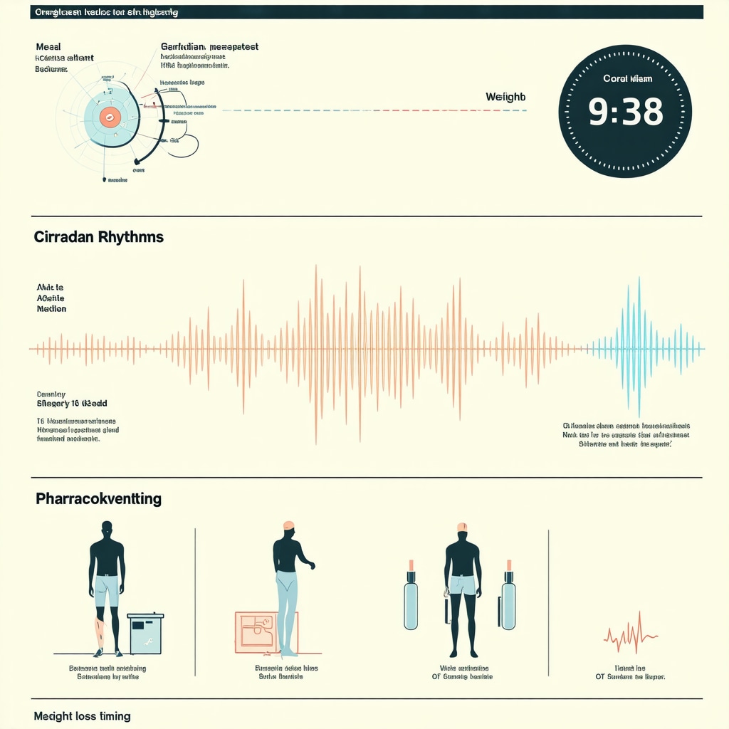 Infographic illustrating circadian rhythms, meal timing, and weight loss injection pharmacokinetics with personalized nutrition