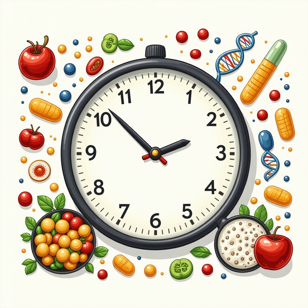 Clock showing meal timing aligned with medication dosing, DNA helix, and gut microbiome icons representing personalized weight loss nutrition