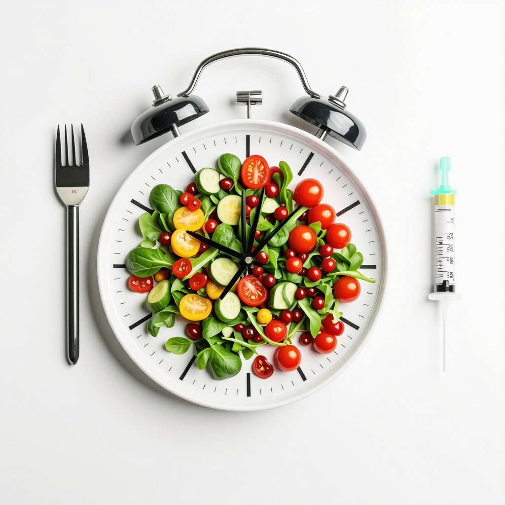 Diagram of circadian rhythm clock with healthy foods and weight loss injection