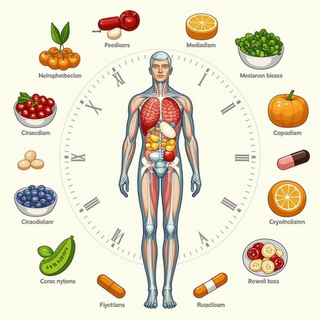Diagram illustrating circadian rhythms affecting metabolism and timing of weight loss medication with nutritional elements