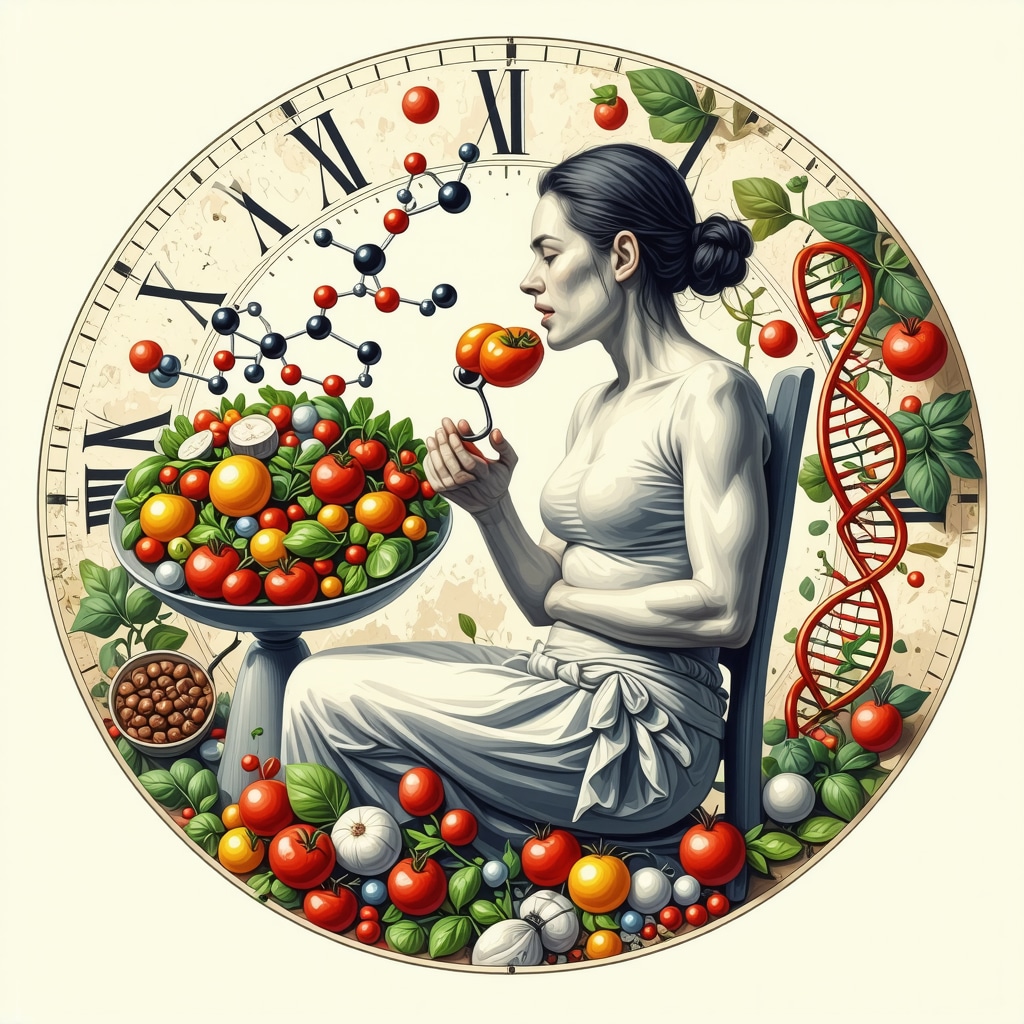 Diagram showing circadian clock, balanced meal, tirzepatide molecular structure, and DNA strands representing personalized weight loss treatment