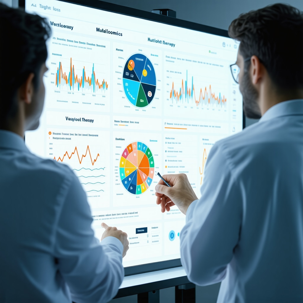 Digital touchscreen displaying multi-omics data integration for personalized diet and weight loss medication optimization