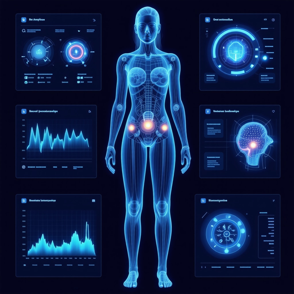 Digital dashboard displaying AI analytics, microbiome data, wearable monitors, and telemedicine for weight loss personalization