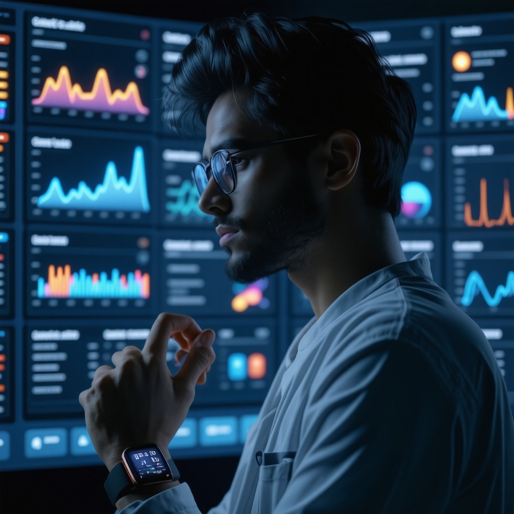 Futuristic digital health dashboard integrating genetic data, diet plans, and medication schedules for weight loss