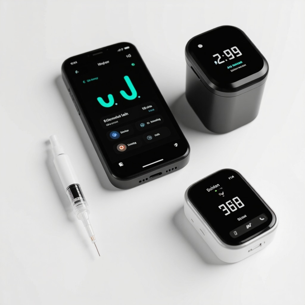 Smart injection pen, continuous glucose monitor, and app interface showing diet and medication data for weight loss
