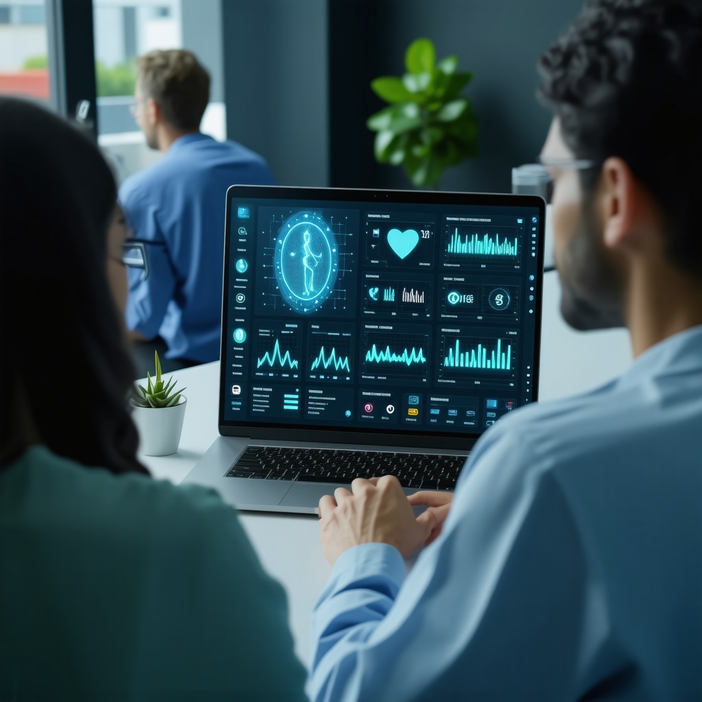 Futuristic digital health dashboard with biometric data and telemedicine consultation