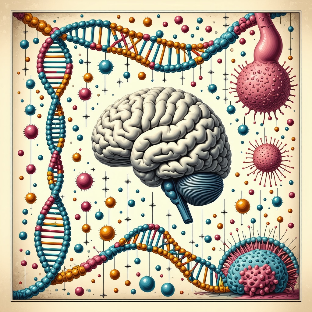 Illustration of DNA strands, gut bacteria, and brain silhouette representing appetite suppressant personalization
