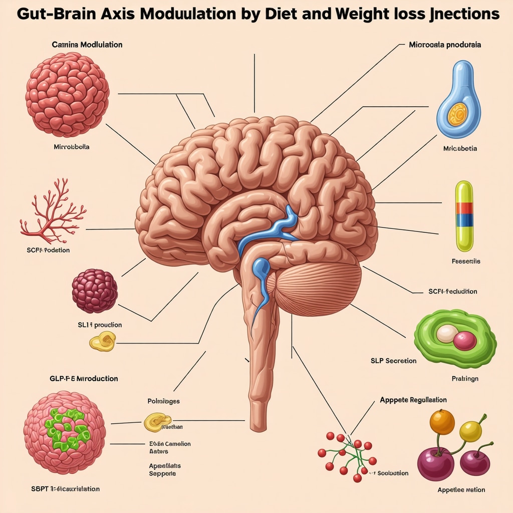 Infographic showing gut microbiota interacting with brain appetite centers influenced by weight loss injections and dietary fibers