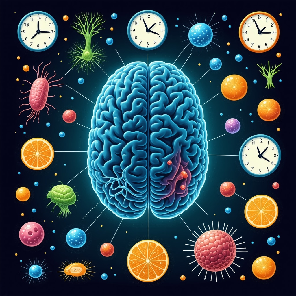 Illustration combining gut microbiome species, circadian clock, exercise and stress icons representing holistic GLP-1 therapy optimization