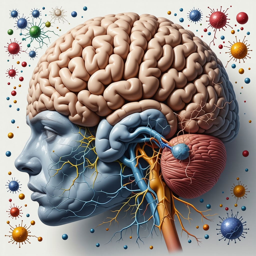 Illustration of gut microbiome and brain interaction showing microbial metabolites affecting weight loss drug efficacy