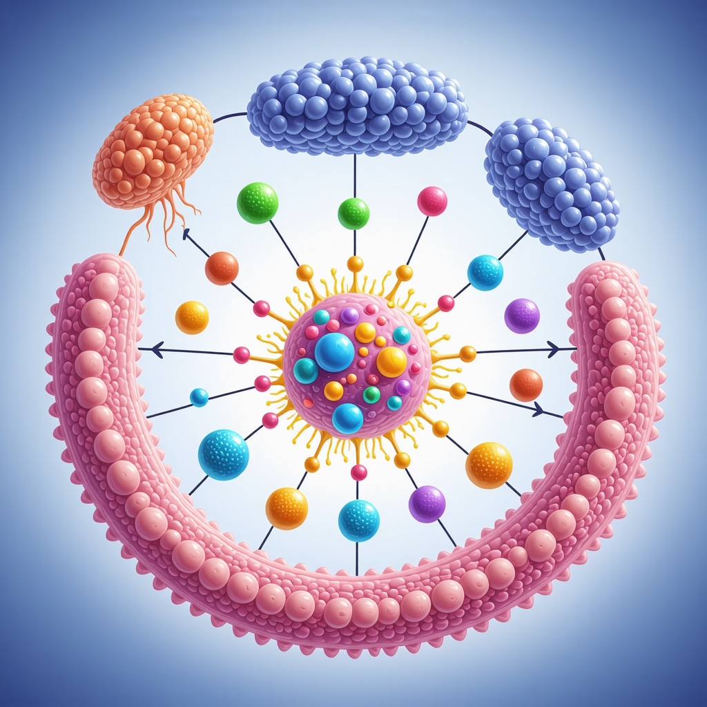 Diagram of gut microbiome interacting with dietary fibers and GLP-1 receptor agonist medication to improve weight loss outcomes