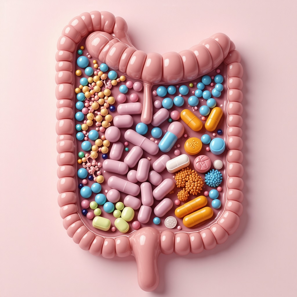 Illustration of gut microbiome with weight loss medication and dietary fiber interaction in human digestive tract