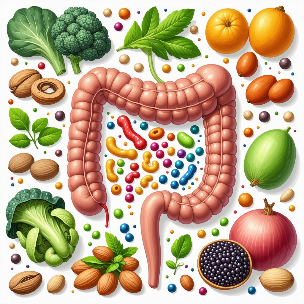 Colorful illustration showing diverse gut bacteria and nutrient-rich foods supporting gut health in weight loss medication context