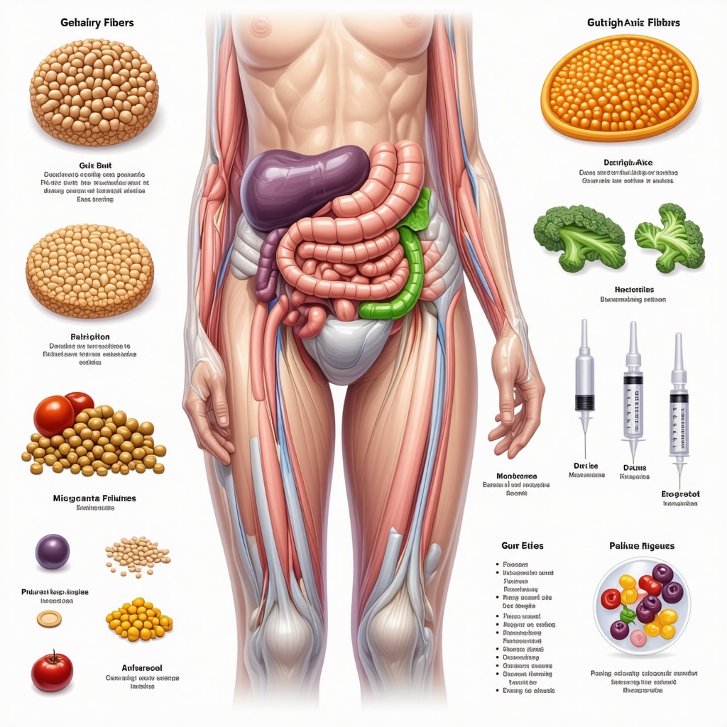 Infographic illustrating the relationship between gut microbiome, dietary fibers, and weight loss injections enhancing the gut-brain axis