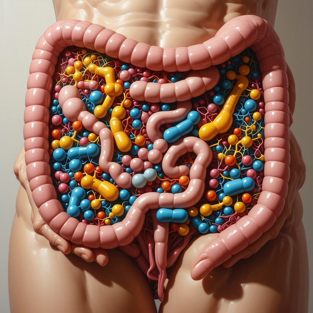 Scientific illustration showing gut microbiome diversity interacting with weight loss medication molecules