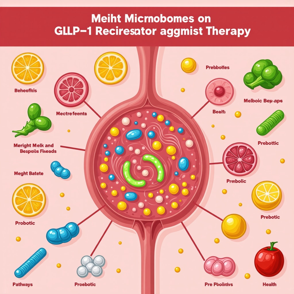 Infographic showing gut microbiome, prebiotic and probiotic foods, and their impact on weight loss with Wegovy