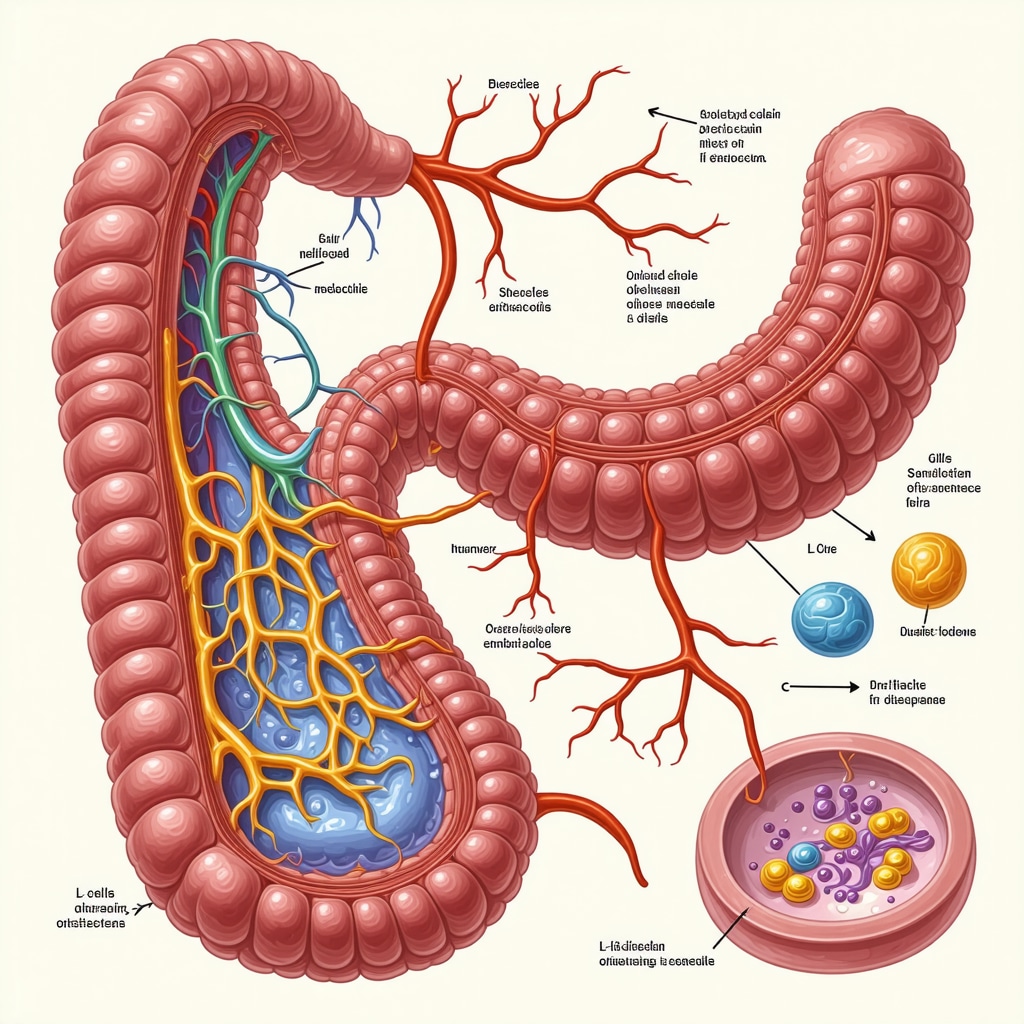 Diagram of gut microbiota fermenting dietary fibers into SCFAs that stimulate GLP-1 secretion from enteroendocrine L-cells