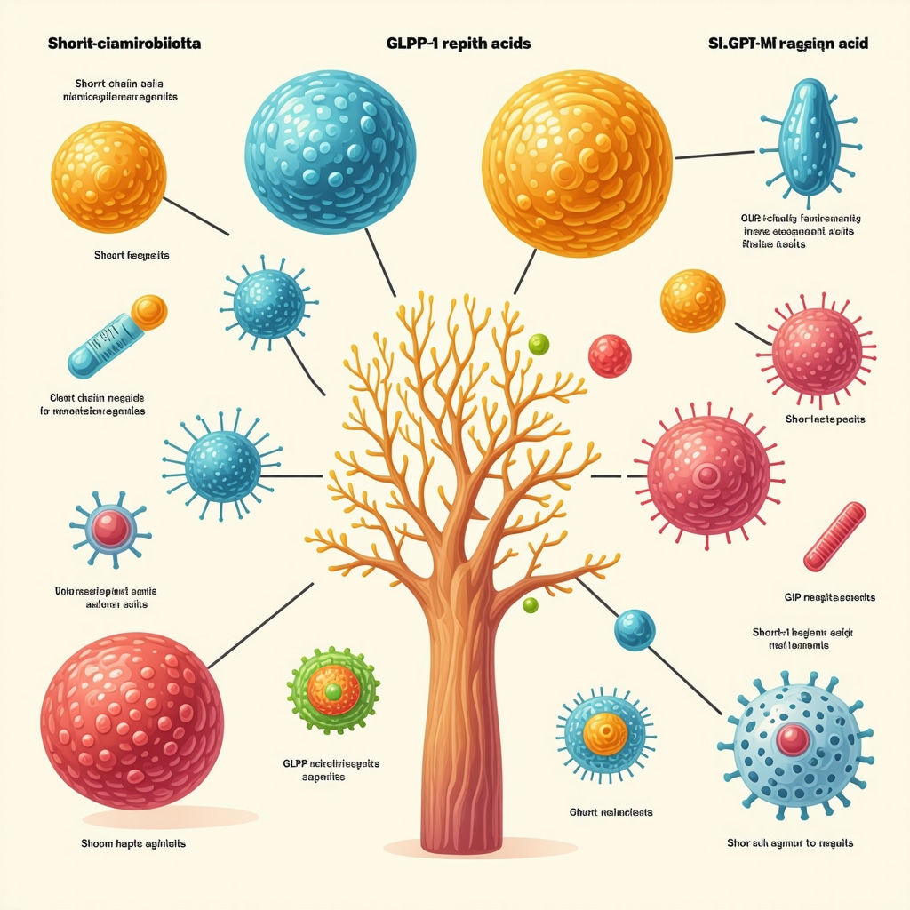 Infographic illustrating the role of gut microbiota and short-chain fatty acids in enhancing GLP-1 receptor agonist weight loss therapy