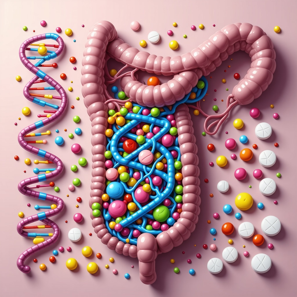 Diagram showing gut microbiota, DNA helix, and weight loss medications representing integrative obesity therapy