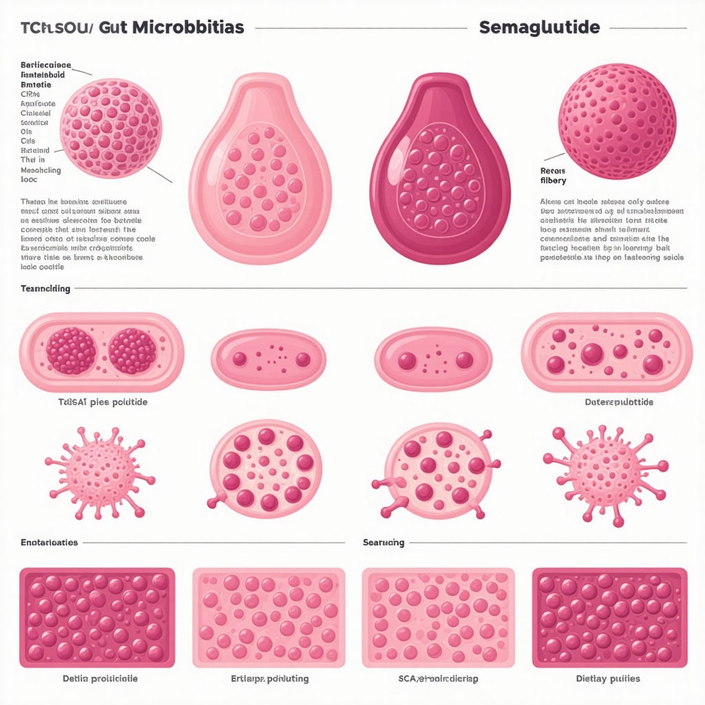 Infographic showing gut microbiota modulation by dietary fibers enhancing semaglutide weight loss effects