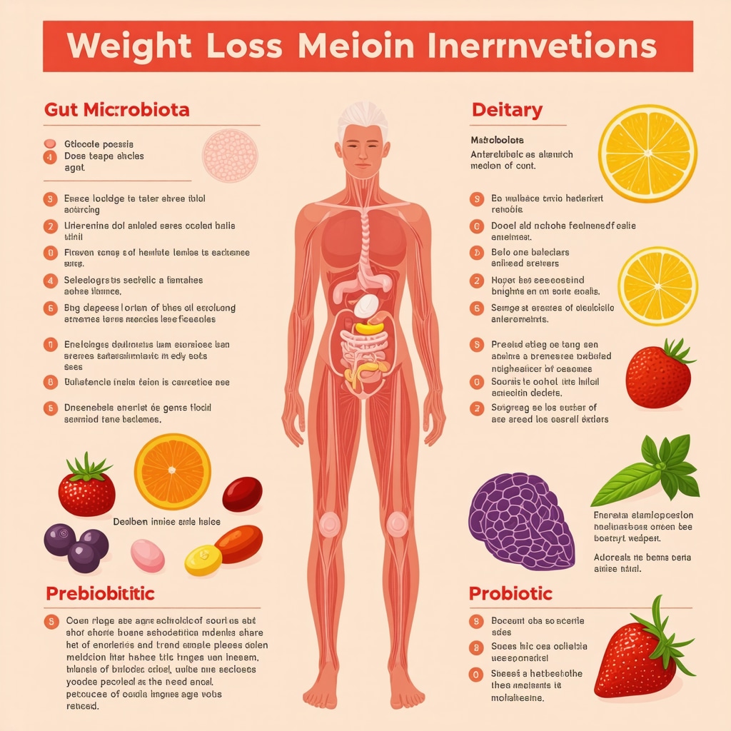 Infographic showing gut microbiota interactions with weight loss medications and diet