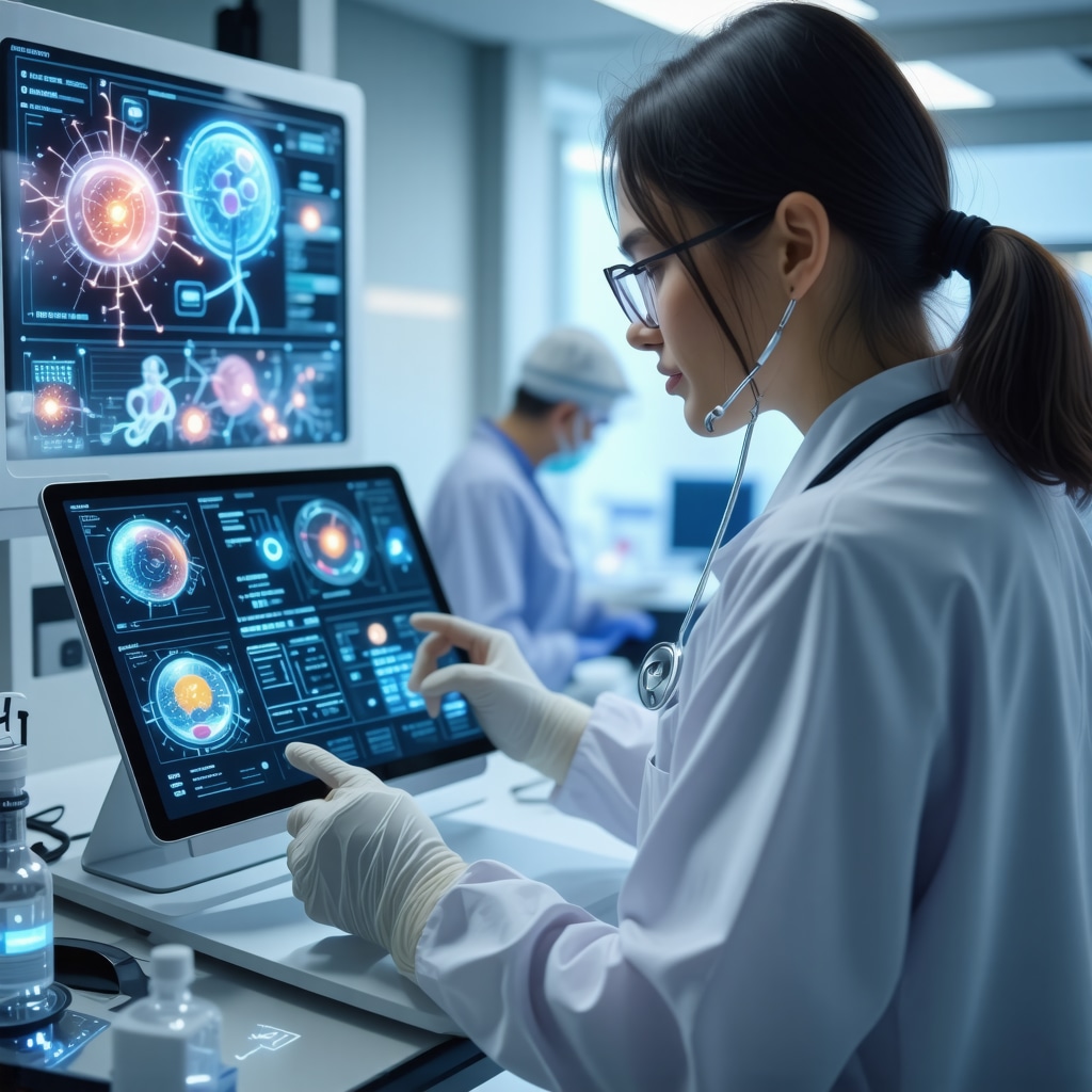 Healthcare professional analyzing patient's genetic and microbiome data with digital overlays of diet and medication plans