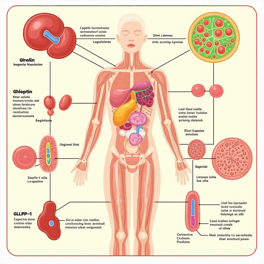 Infographic showing hormones like ghrelin, leptin, GLP-1, and PYY affecting appetite with dietary and circadian factors