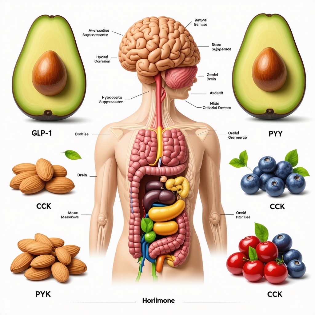 Infographic depicting gut hormones and brain interaction in appetite control with images of natural appetite suppressant foods