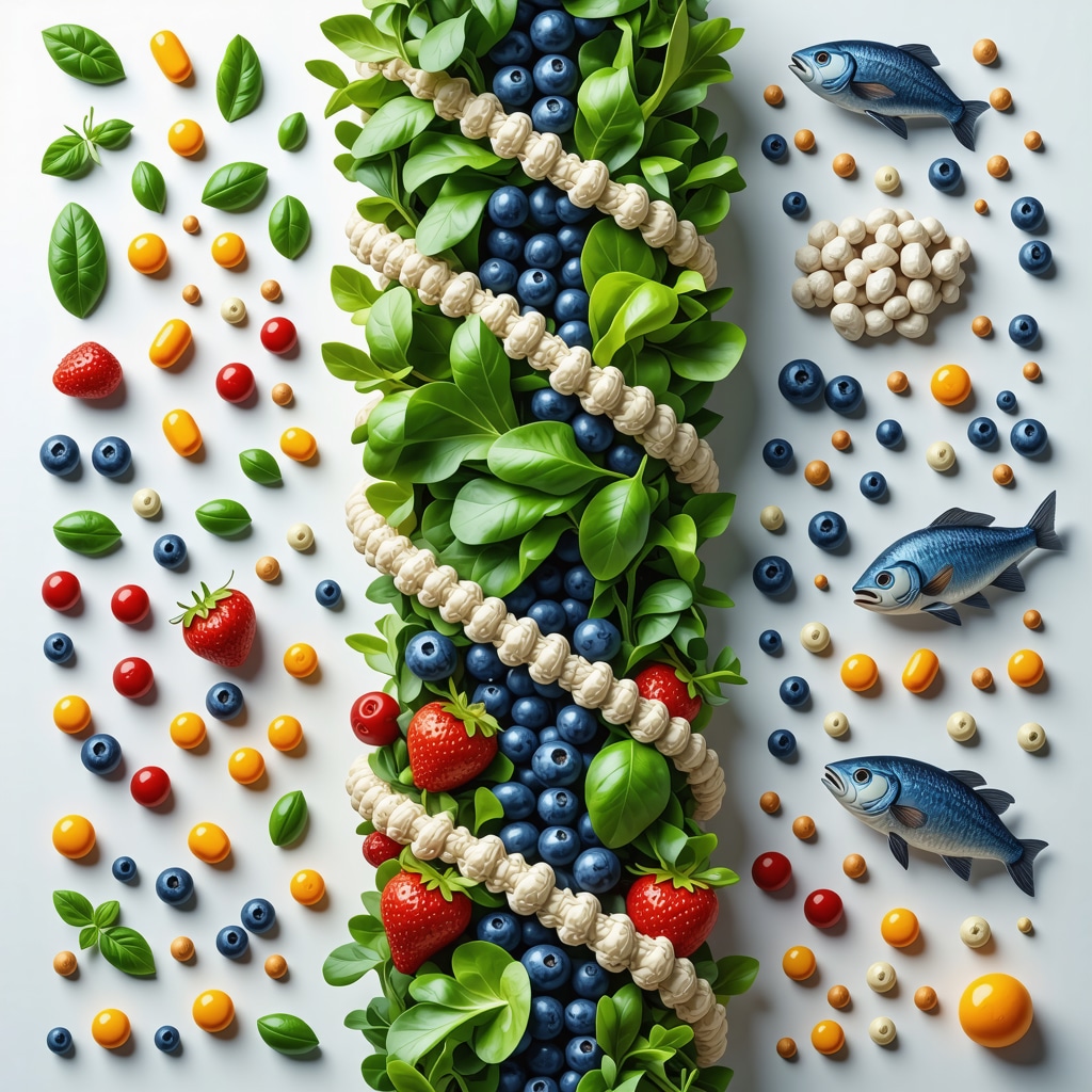 DNA strands intertwined with healthy foods and medication capsules representing nutrigenomics and diet-drug synergy