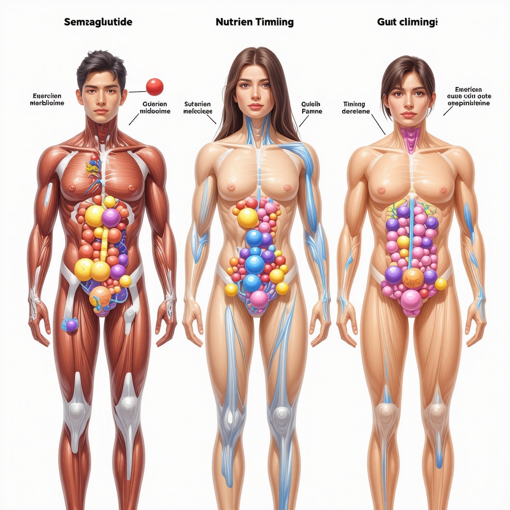 Graphic depicting semaglutide's interactions with diet timing, gut bacteria, and physical activity for fat loss