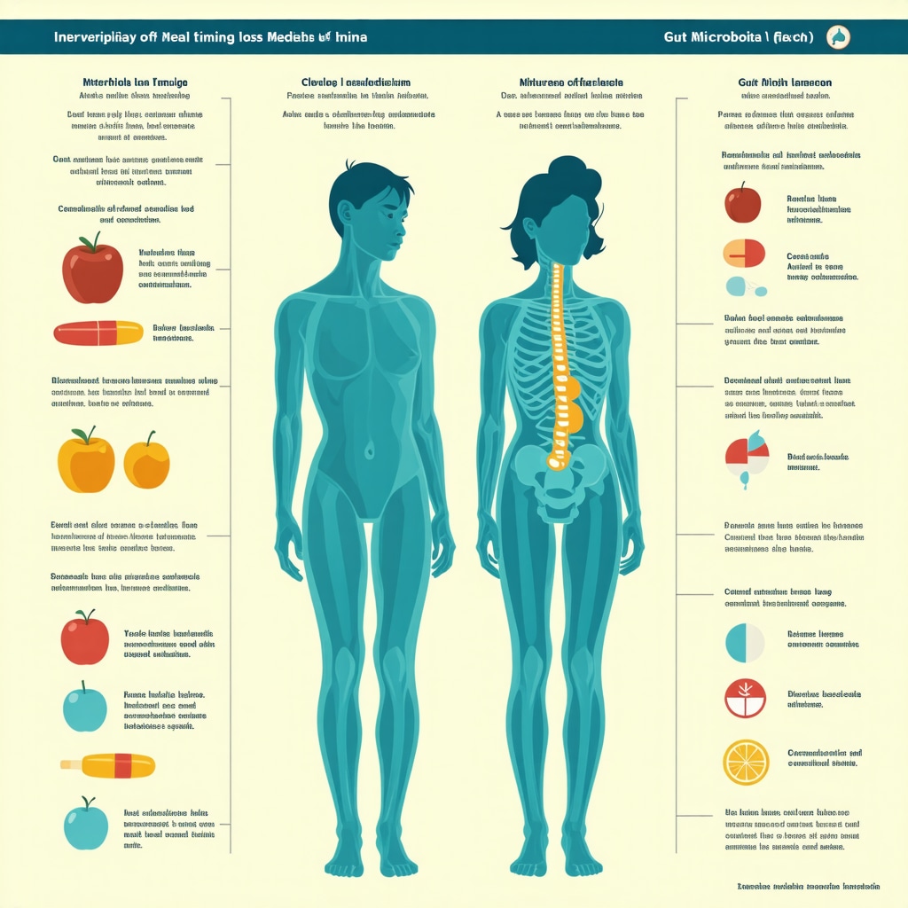 Infographic depicting circadian rhythms, medication timing, gut microbiota, and personalized nutrition in weight loss