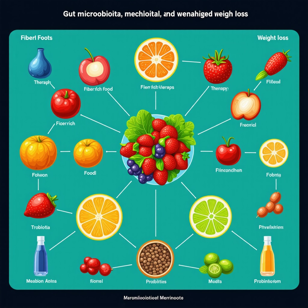 Infographic of gut microbiota, injection therapy, nutrition interaction for weight loss