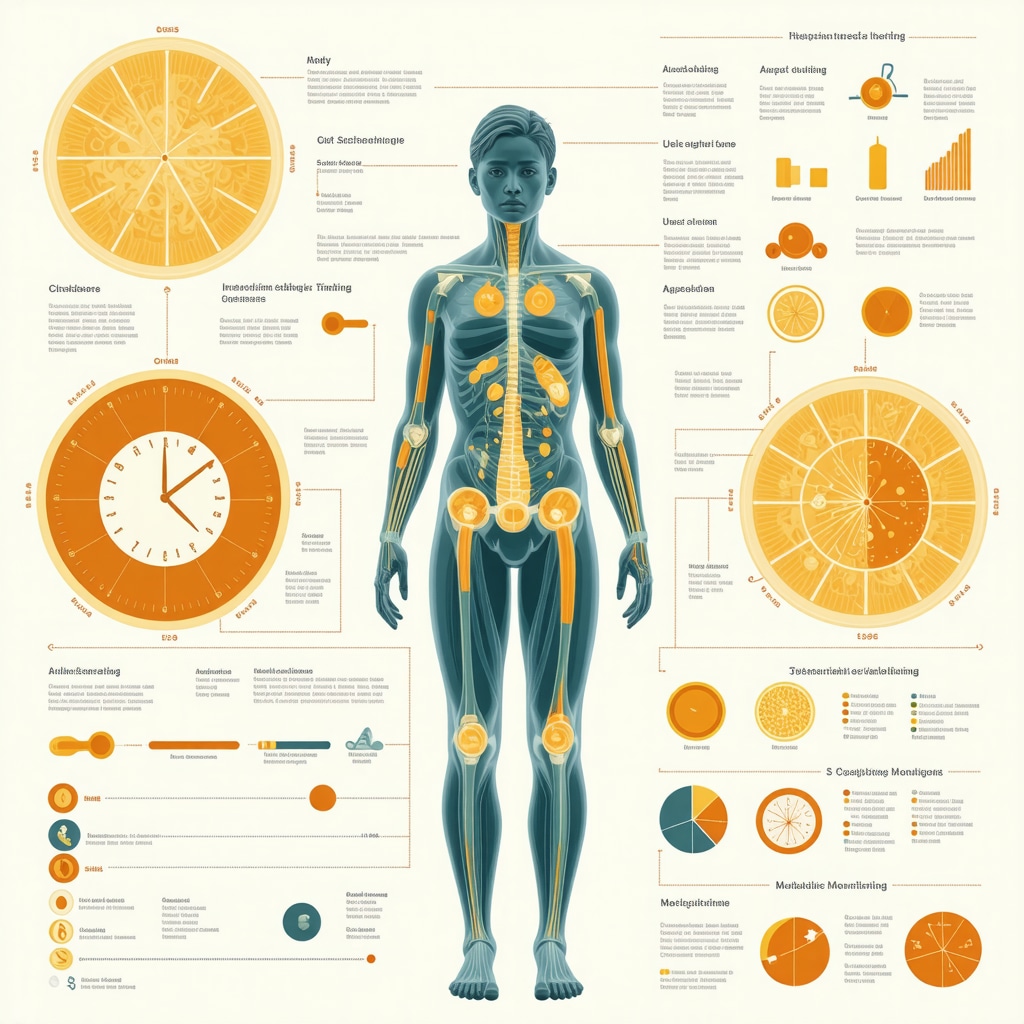 Diagram showing connections between circadian timing, injections, diet, microbiome, and biomarkers in weight loss