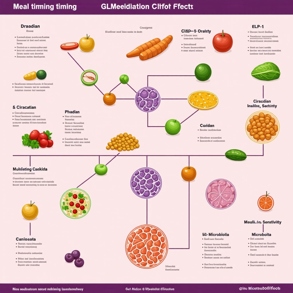 Infographic showing meal timing, GLP-1 medication effects, and metabolic pathways interplay