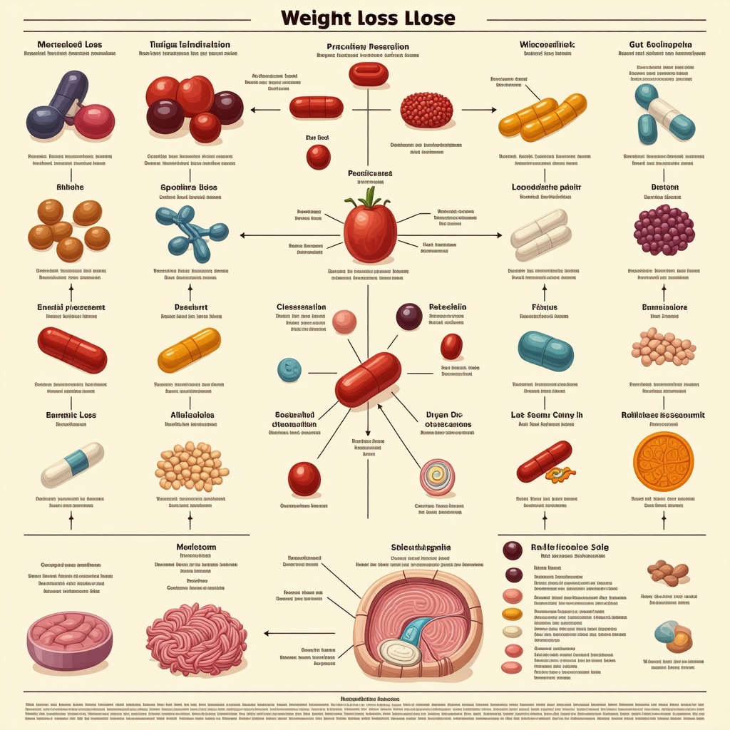 Diagram showing interaction of weight loss drugs with diet, genetics, and gut microbiota influencing metabolism