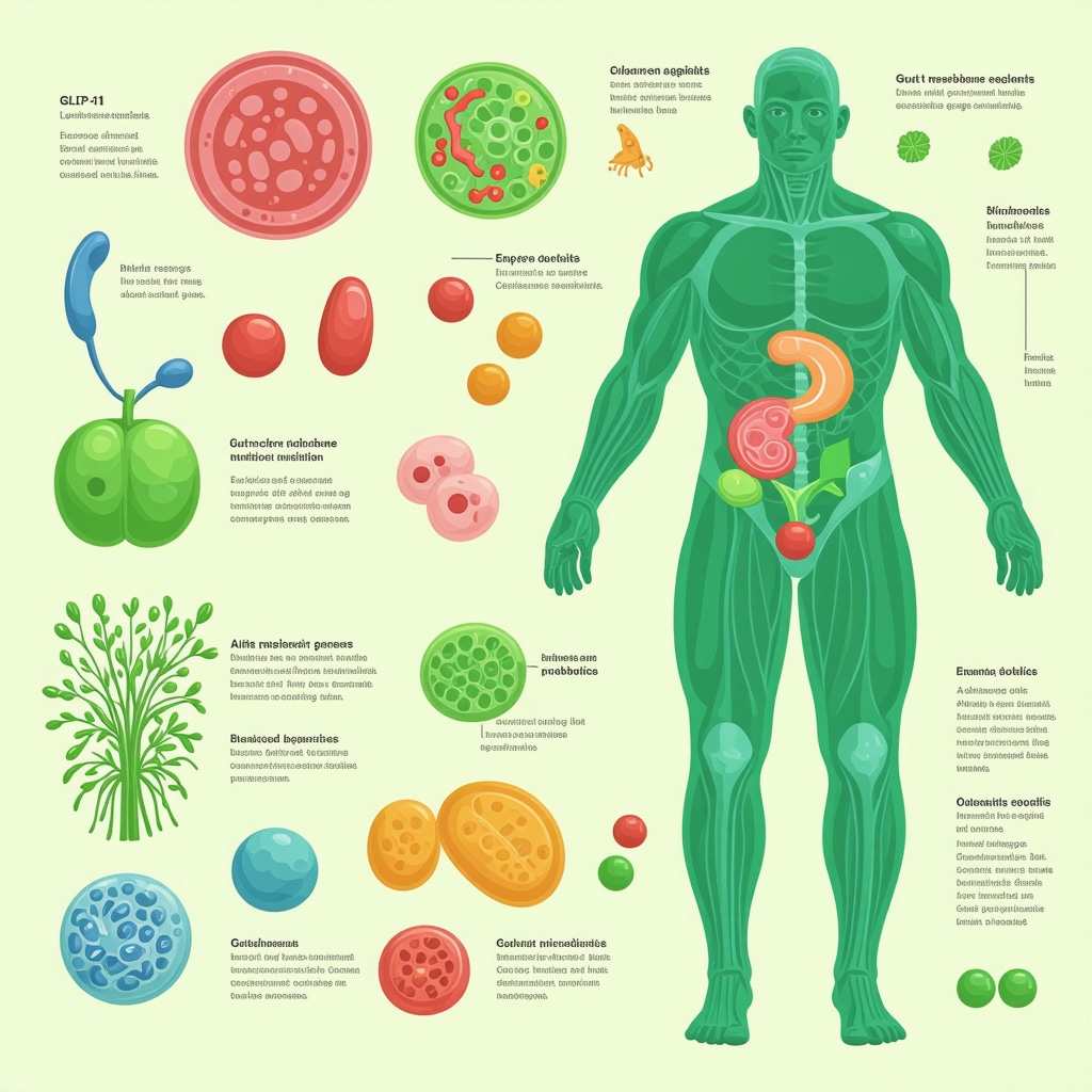 Diagram showing the interaction between GLP-1 receptor agonists, gut microbiome modulation through prebiotics and probiotics, and improved metabolic outcomes for weight loss