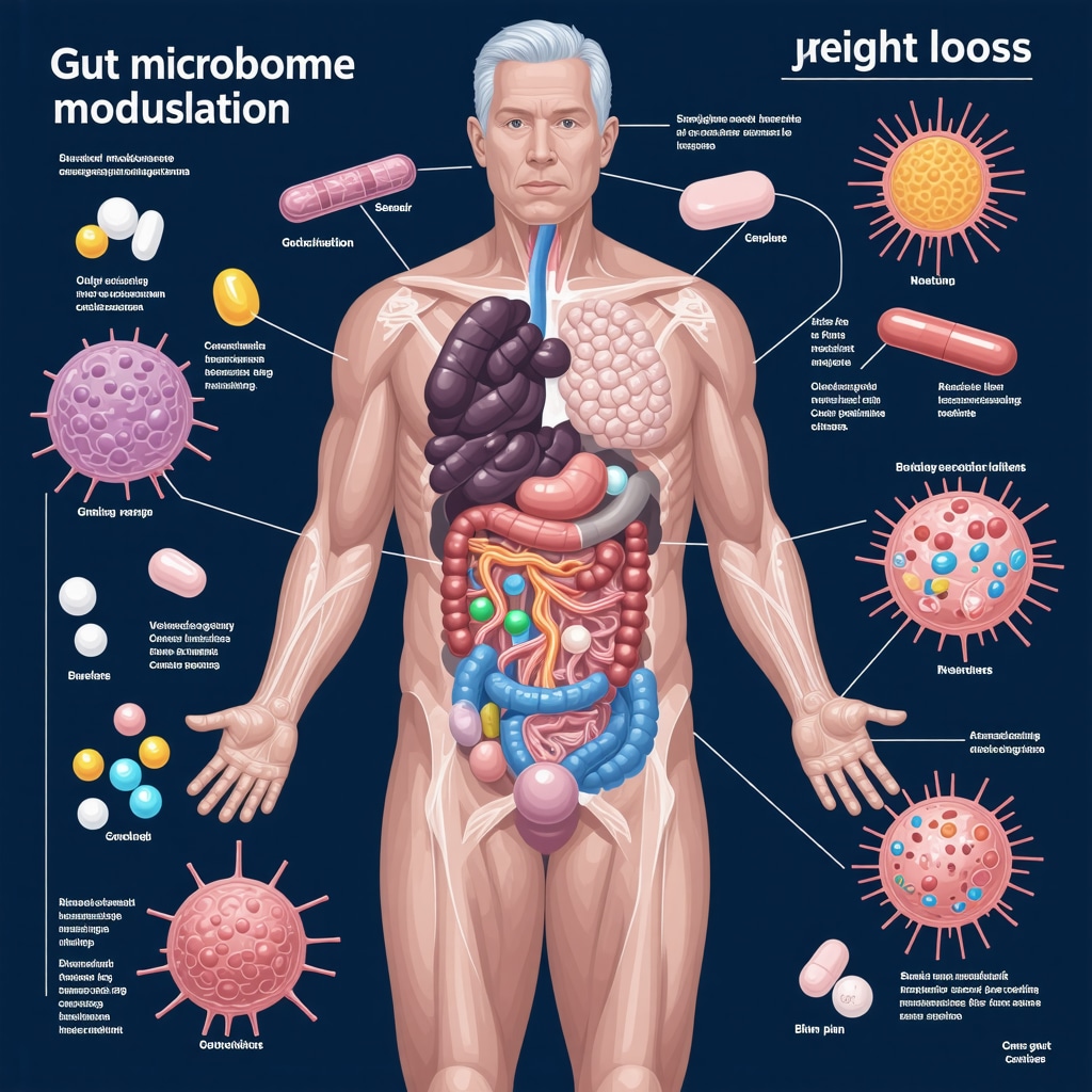 Infographic illustrating how gut microbiome modulation and personalized nutrition enhance the efficacy of weight loss medications