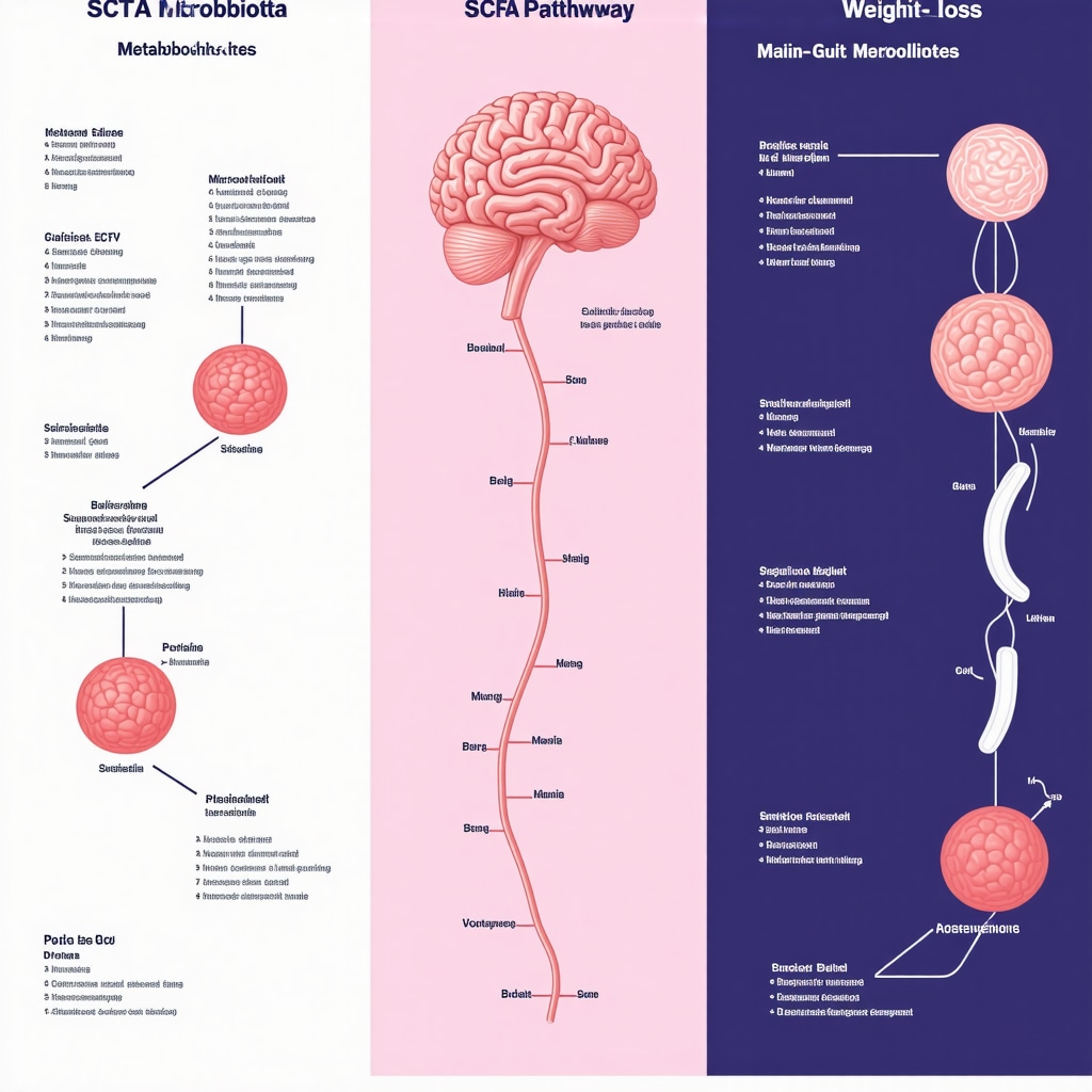 Diagram showing gut microbiome producing SCFAs that interact with brain and weight loss drugs