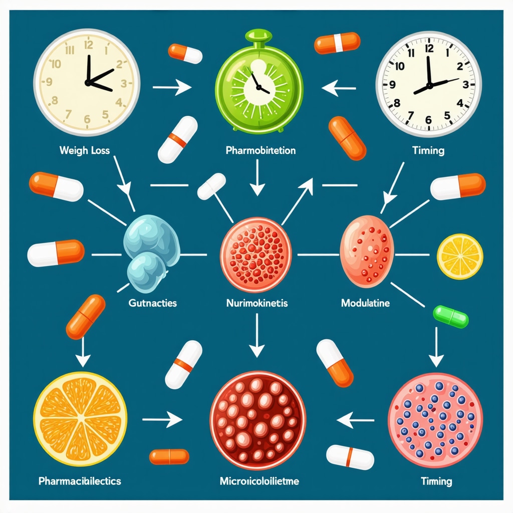 Diagram illustrating the interplay between weight loss medications, meal timing, and gut microbiome effects