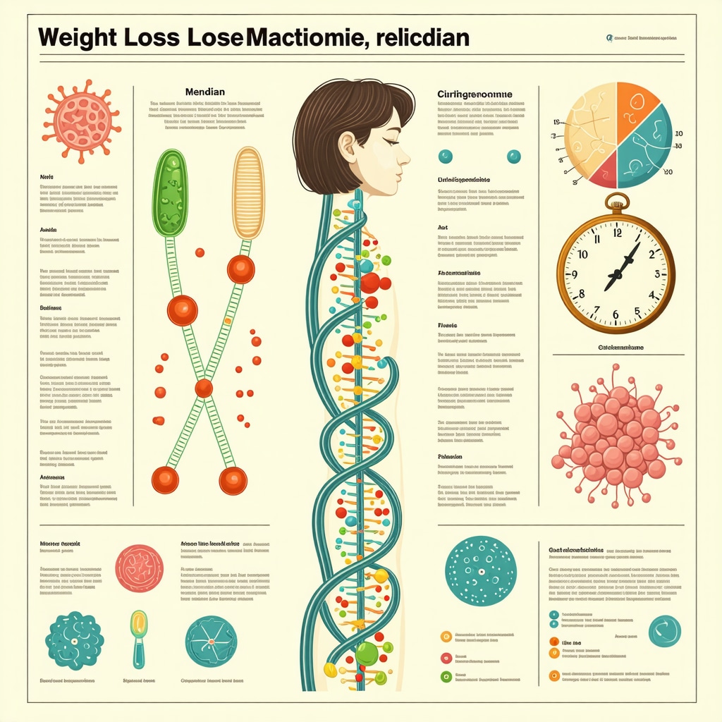 Infographic showing the interaction of gut microbiome, genetics, and circadian rhythms to improve weight loss medication outcomes